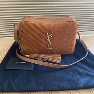 Saint Laurent Suede Matelasse Monogram Lou Camera Bag in Cinnamon
